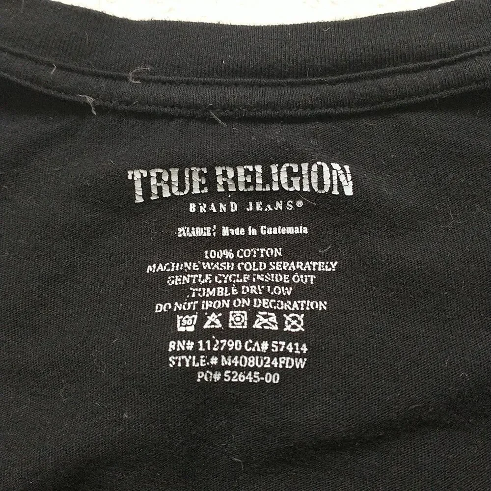 TRUE RELIGION T Shirt Mens XL/L*Black Buddha Guitar Logo Spell Out 100%Cotton